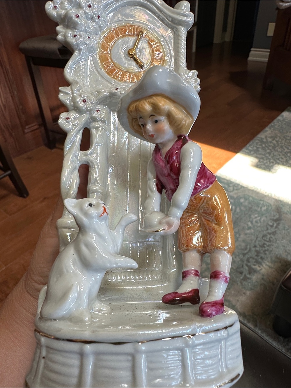 Vintage Ceramic Boy Feeding Cat Figurine /Vase - White, Pink, Gold Accents